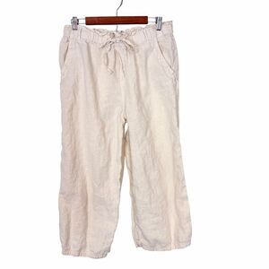 Cloth & Stone Linen Pants Women Large Beige Wide Leg Drawstring Waist Crop Ankle